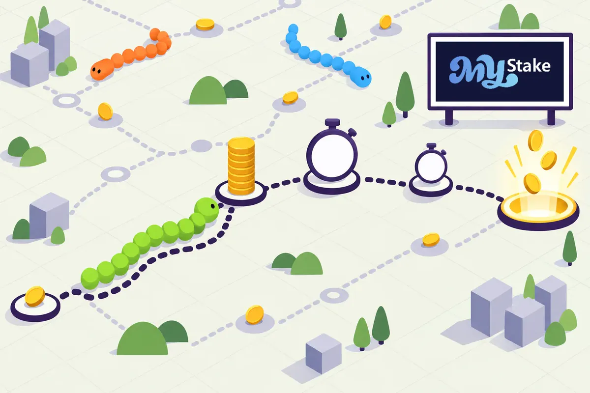A flat map: a green snake follows a dotted route past a stack of coins and two stopwatches to a glowing exit ring, with the MyStake logo on a sign